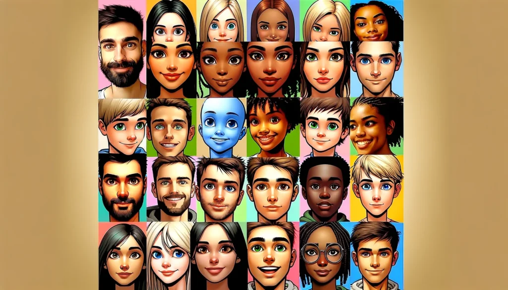 A collage featuring pairs of faces and their corresponding cartoon images