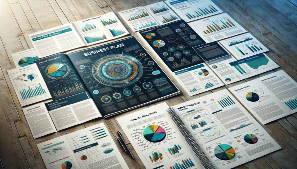 A detailed business plan spread across multiple pages, featuring various headings, graphs, and text